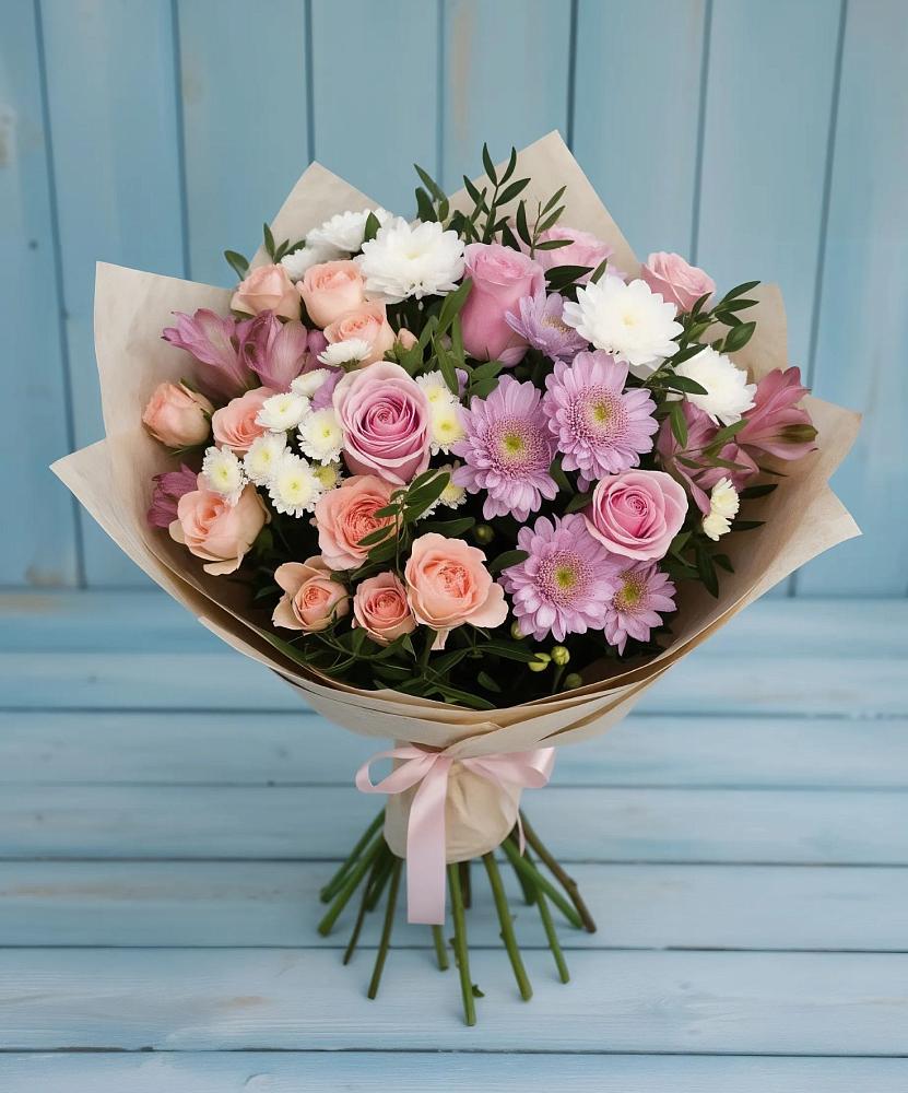 Букет цветов из: Хризантемы, Розы и Альстромерии в Озерном