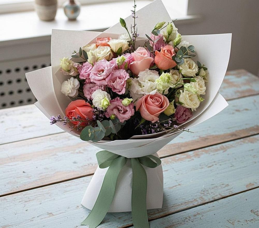 Букет цветов из: Розы, Лизиантусы и Гвоздики в Озерном