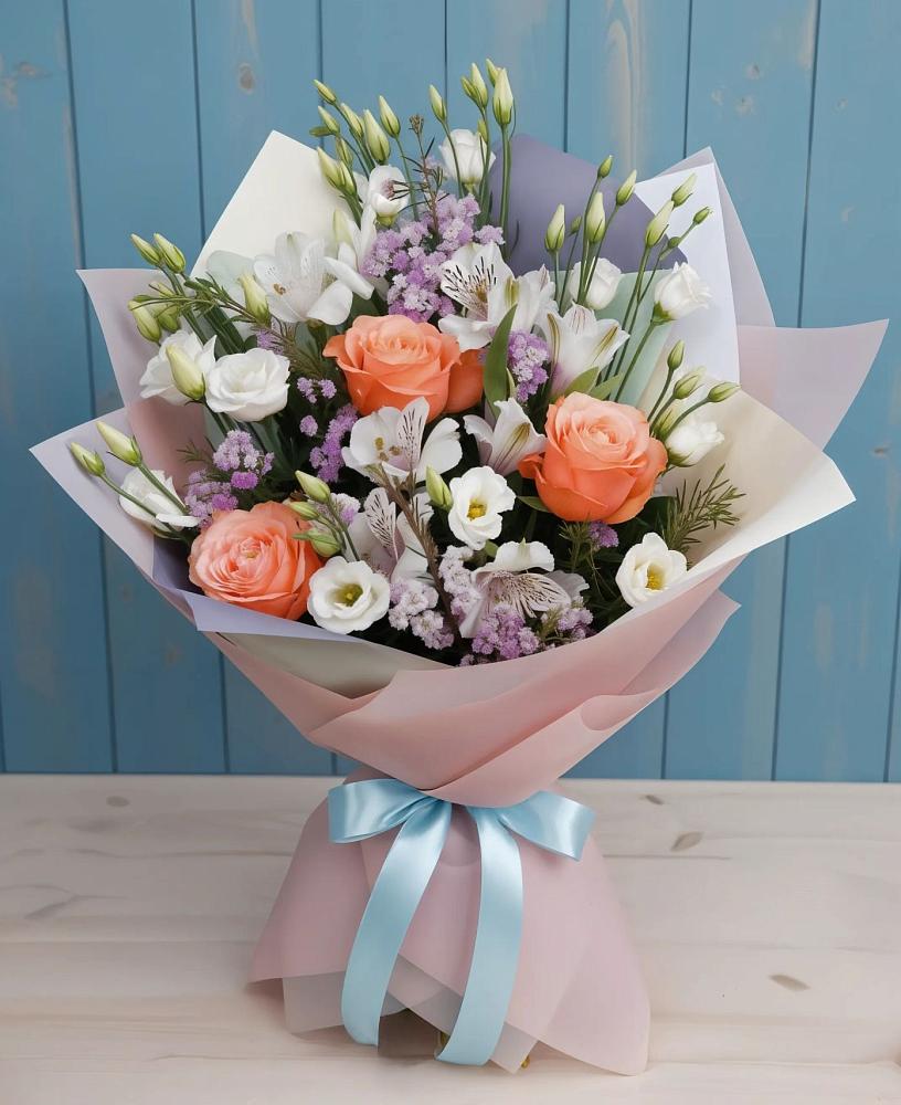 Букет цветов из: Лизиантусы, Розы, Альстромерии и Гипсофила в Озерном