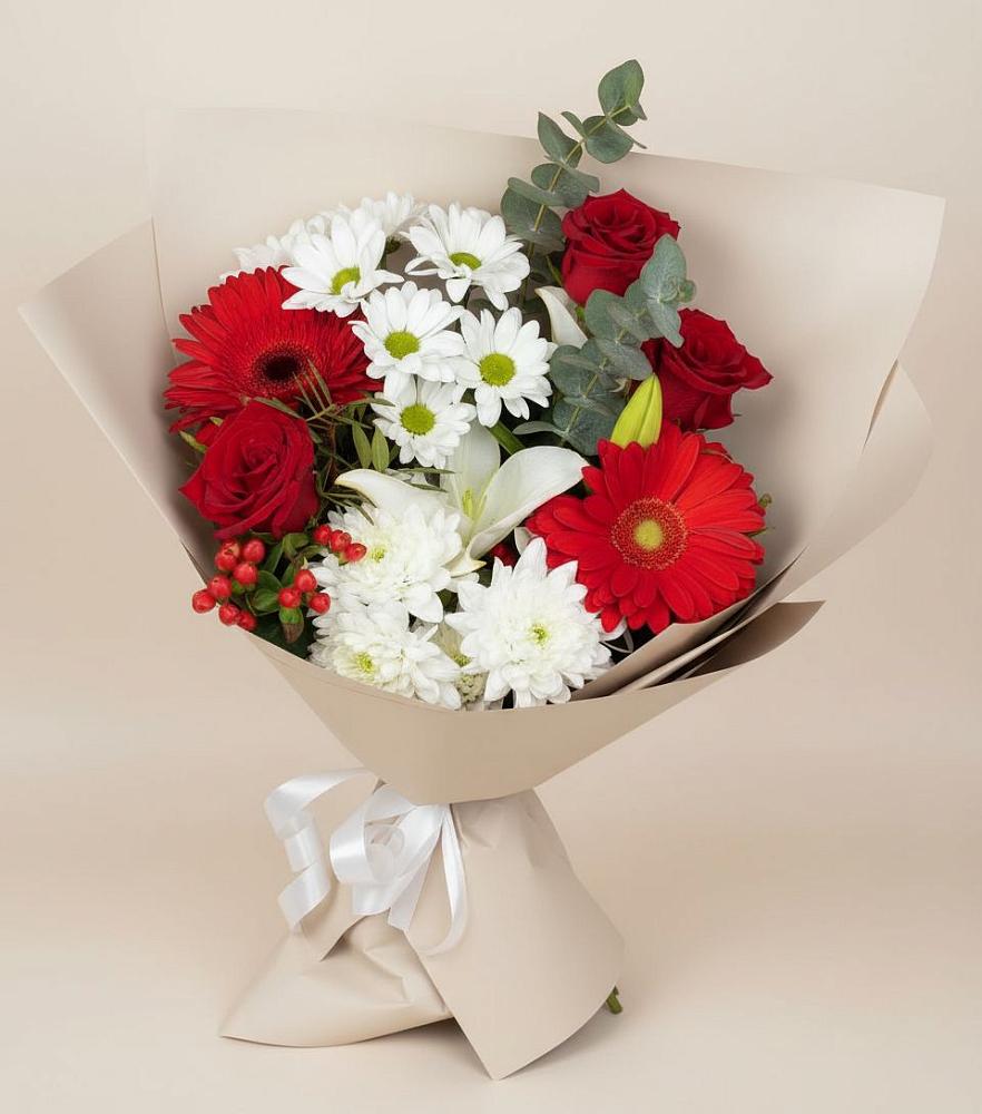 Букет цветов из: Розы, Хризантемы, Герберы и Лилии в Озерном