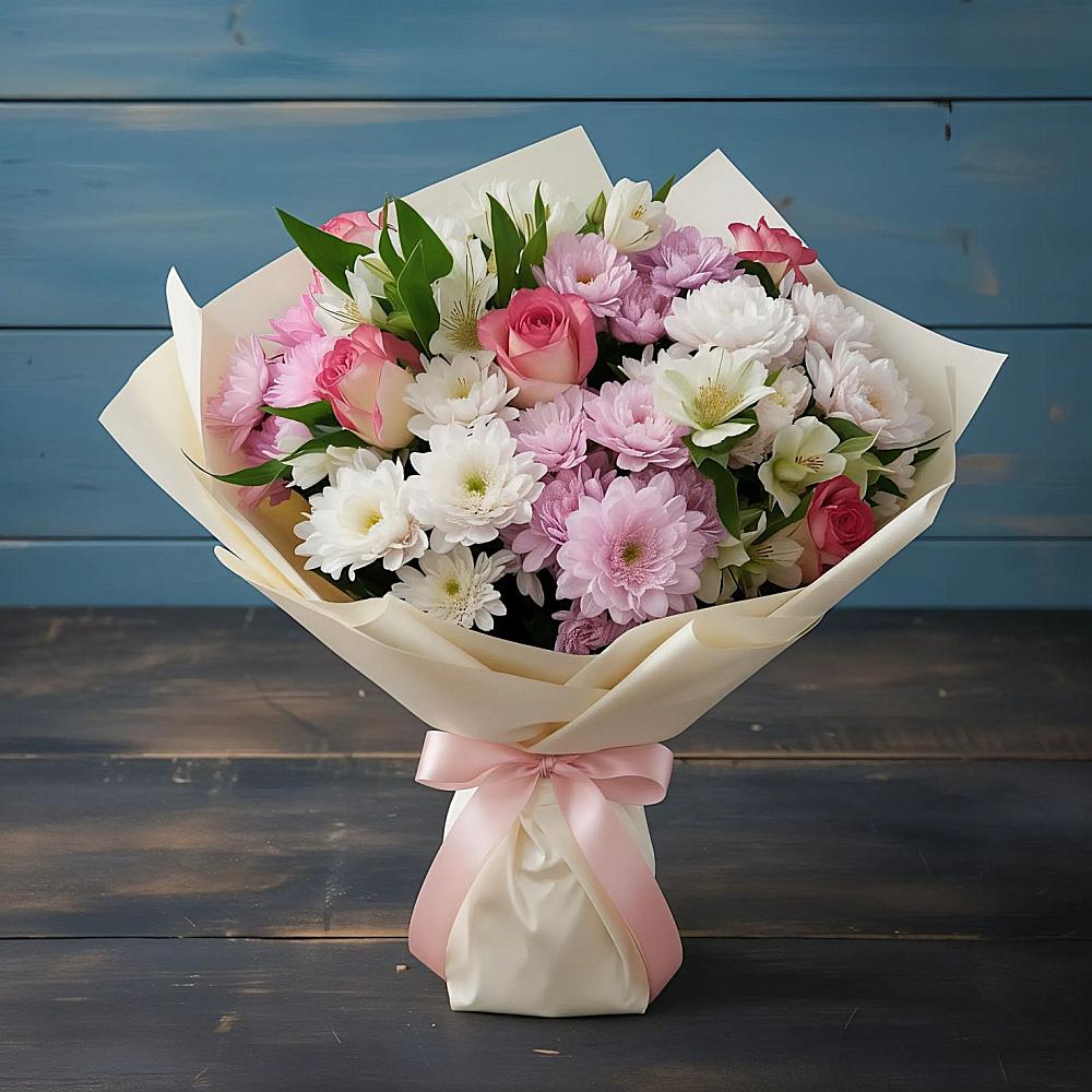 Букет цветов из: Хризантемы, Альстромерии и Розы в Озерном